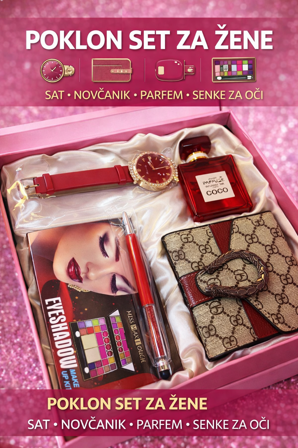 🎁 Poklon set za žene – sat, novčanik, parfem i senke za oči