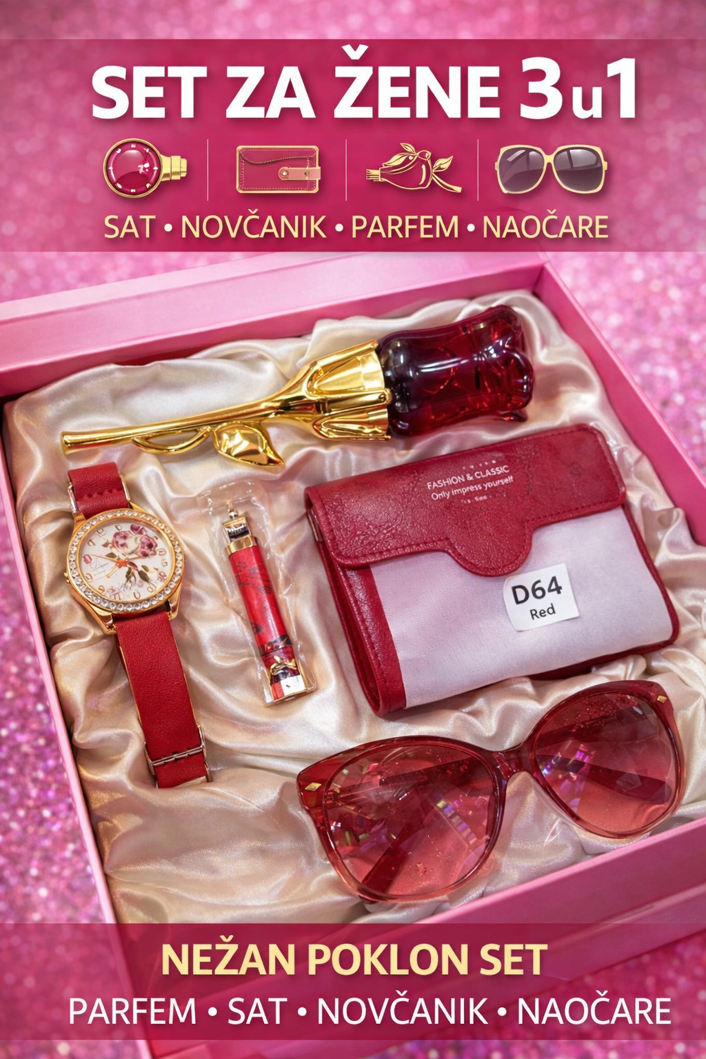 🎁 Set za žene 3 u 1 – parfem ruža, sat i novčanik