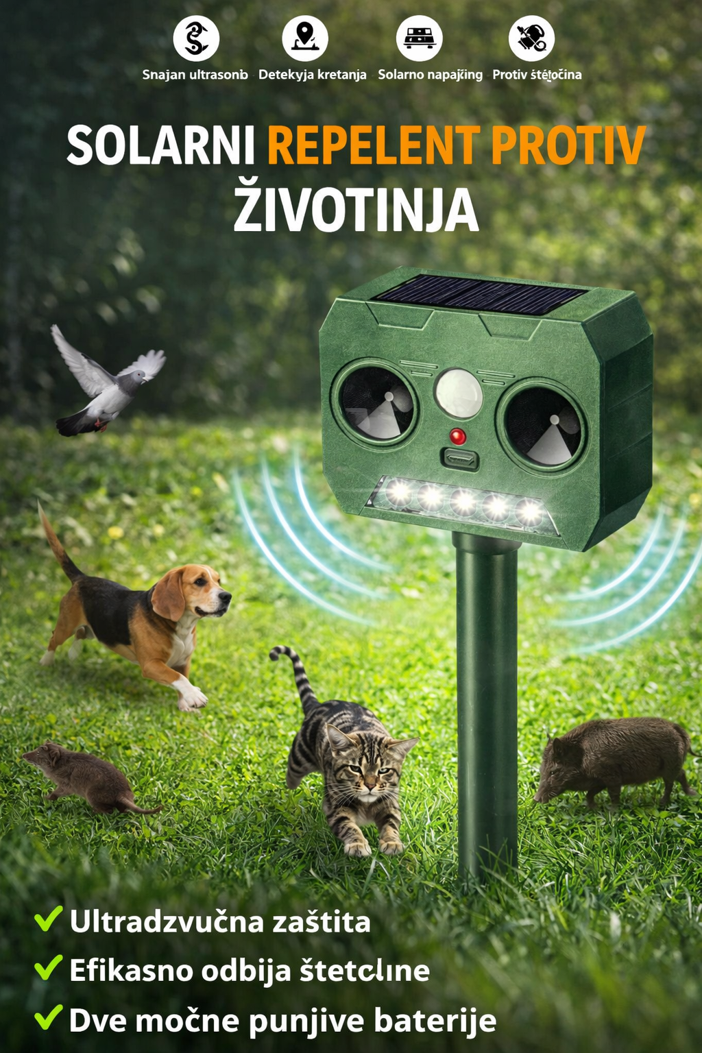 Solarni ultrazvučni rasterivač životinja – zaštita dvorišta i bašte